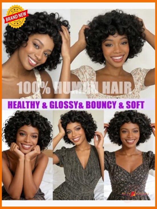 Short Curly Human Hair Wig With Bangs 180% Density Glueless Beginner Friendly main image 6